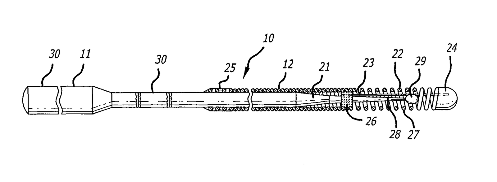 Figure above illustrates a guide wire 10 embodying features of the invention that is adapted to be inserted into a patient's body lumen, such as an artery or vein. The guide wire 10 comprises an elongated, relatively high strength proximal core section 11, and a relatively short flexible distal core section 12. The distal core portion 12 has at least one tapered section 21 which becomes smaller in the distal direction. A helical coil 22 is disposed about the distal core section 12 and is secured by its distal end to the distal end of shaping ribbon 23 by a mass of solder which forms rounded plug 24 when it solidifies. The proximal end of the helical coil 22 is secured to the distal core section 12 at a proximal location 25 and at intermediate location 26 by a suitable solder. The proximal end of the shaping ribbon 23 is secured to the distal core portion 12 at the same intermediate location 26 by the solder. Preferably, the most distal section 27 of the helical coil 22 is made of radiopaque metal, such as platinum or platinum-nickel alloy, to facilitate the fluoroscopic observation thereof while it is disposed within a patient's body. The most distal section 27 of the coil 22 should be stretched about 10 to about 30% in length to provide increased flexibility.